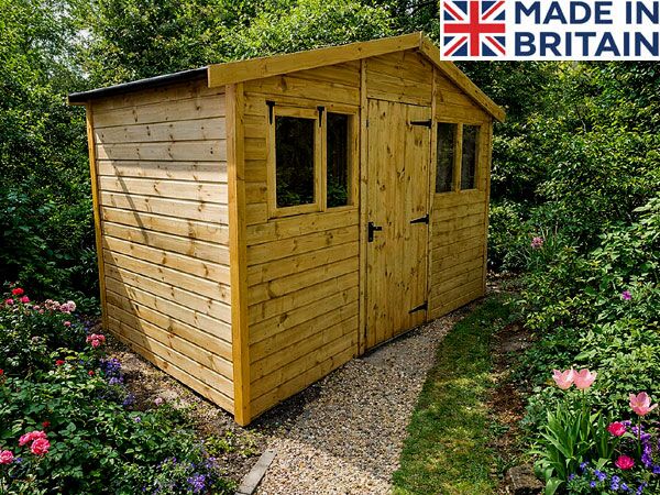 A wooden garden shed with a solid door and windows. Perfect for storage and outdoor use.