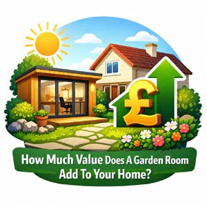 A garden room with a house and a growing value symbol