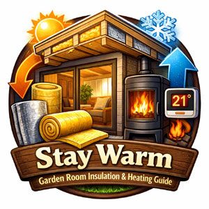 A graphic showing a garden room with insulation materials and a heater, with a temperature display showing 21 degrees.