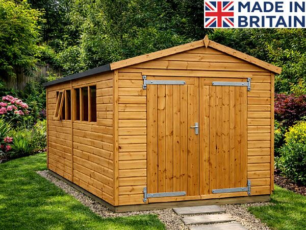 A wooden garden workshop with two classic windows and double doors.