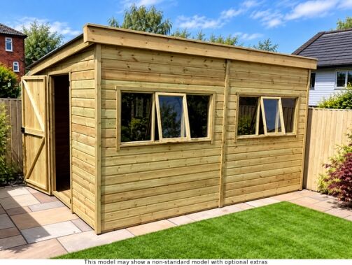 A wooden garden shed with a solid door and windows. Perfect for storage and outdoor use.