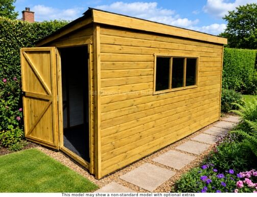 A wooden garden shed with an open door and window. Perfect for outdoor storage.