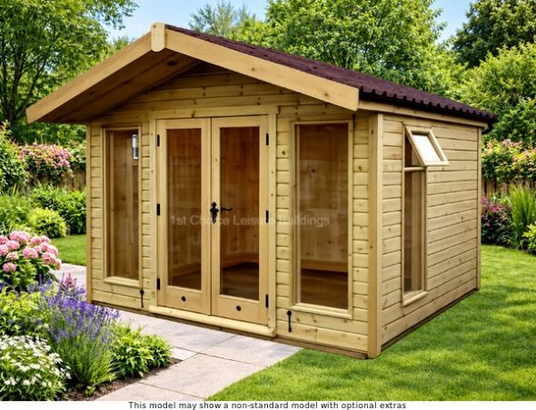 A timber summerhouse with double doors and windows. Perfect for storage or a summer house.