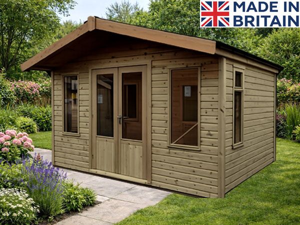 A wooden pressure treated summerhouse with double doors and windows. Perfect for storage or a summer house.