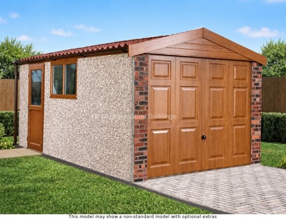 Lidget Deco Deluxe Apex Concrete Garage Which Includes Free Assembly. Image Shown May Include Non-Standard Options A Lidget Deco deluxe concrete garage with up-and-over doors, side door and window
