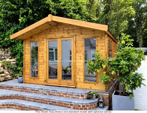 A wooden summerhouse with double doors and windows. Perfect for storing gardening tools and outdoor equipment.