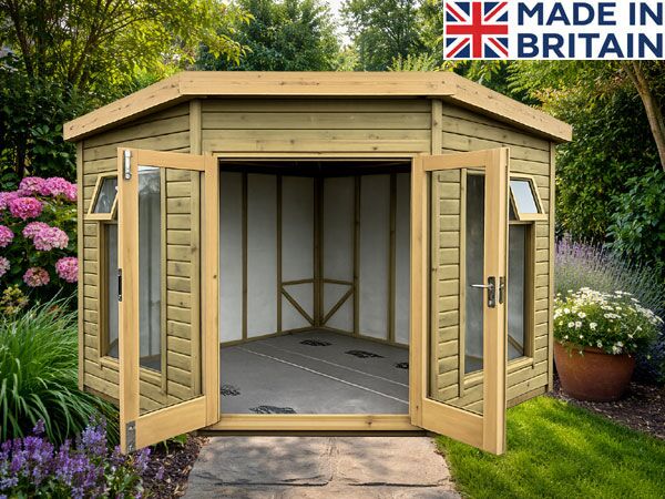 A wooden corner summerhouse with double doors open. The building is made of light-coloured wood and has a peaked roof.