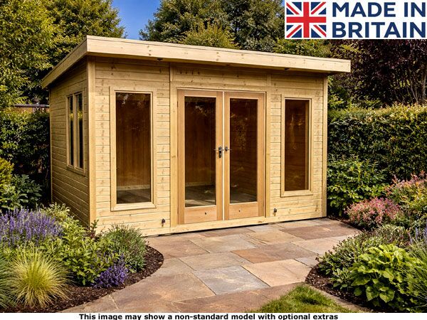 Platinum 12x12 Pent Odiham Garden Room 1 A wooden Platinum 12x12 Pent Odiham Garden Room with double doors and windows. Made in Britain