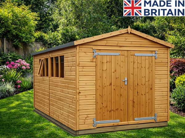 A wooden garden workshop with two classic windows and double doors.