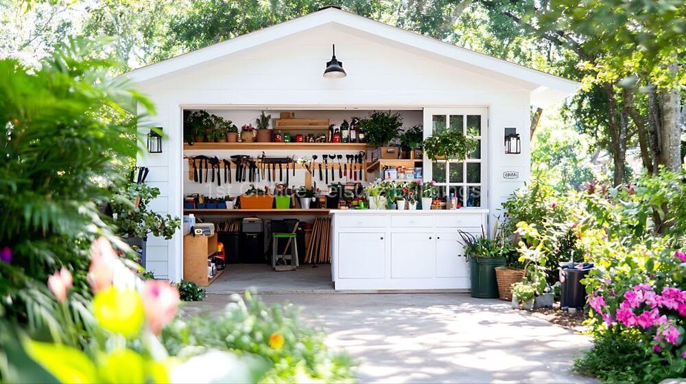 Taming The Tangle: Ultimate Shed Organisation Guide 5 a green garden shed with garden tools resting against the front