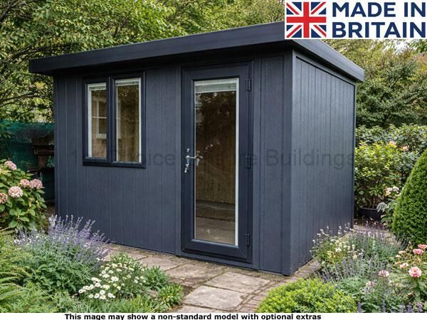 Royal Bletchley Garden Room 1 A dark grey garden shed with a double door and two windows, set in a beautiful garden with flowers and trees.