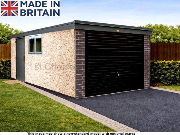 Lidget Anthracite Deluxe Pent Concrete Garage With Free Installation. Image Shown May Include Non-Standard Options This image shows a concrete garage with a black roller door. The garage has a brownish roof and a small window on the side. It is situated on a driveway surrounded by greenery.