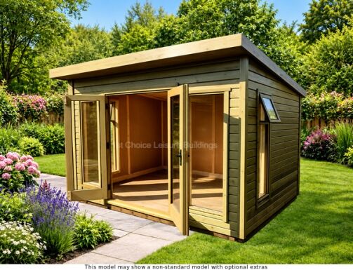 Wooden tongue & groove summerhouse with glass doors and windows. The doors are open to reveal a well lit interior.