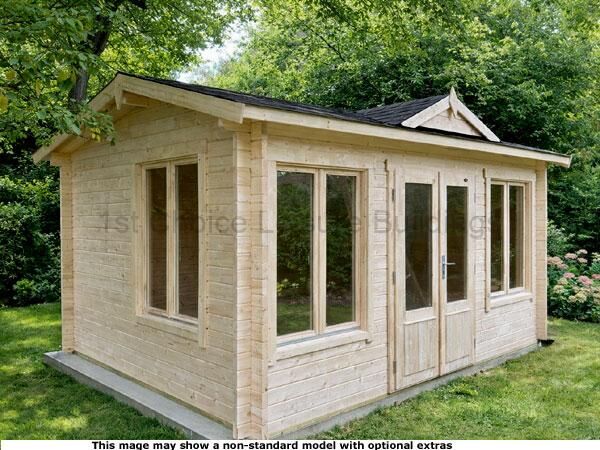 Woking Clockhouse Cabin 1 A wooden garden log cabin with large windows and double doors, situated in a lush green garden.