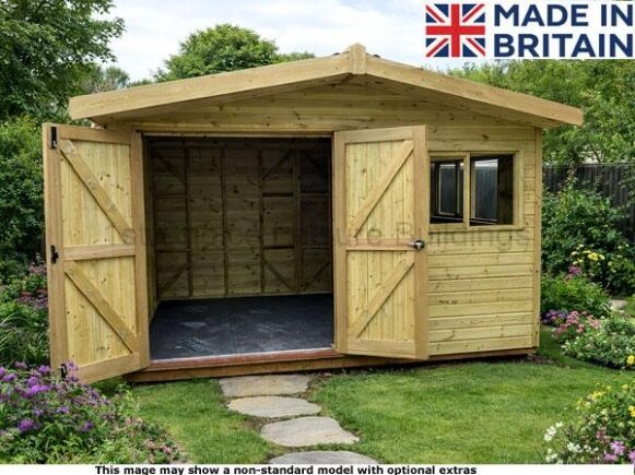 Southampton Transverse 1 A wooden garden workshop with its doors open and a window to the right. The shed is made of light-coloured wood and stands on a green lawn.