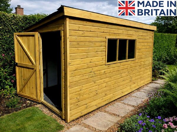 A wooden garden shed with an open door and window. Perfect for outdoor storage.