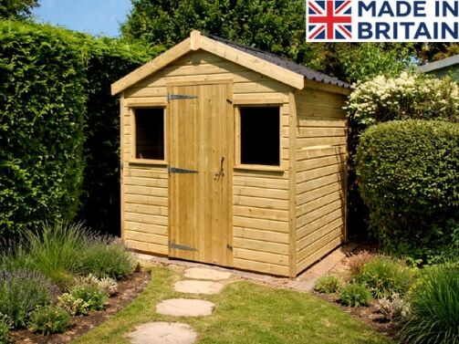 Small light wood shed with peaked roof, double doors, and two side windows, dark roofing with overhang in garden setting. Image shown may include non-standard options. A small garden shed with a central door and two windows.