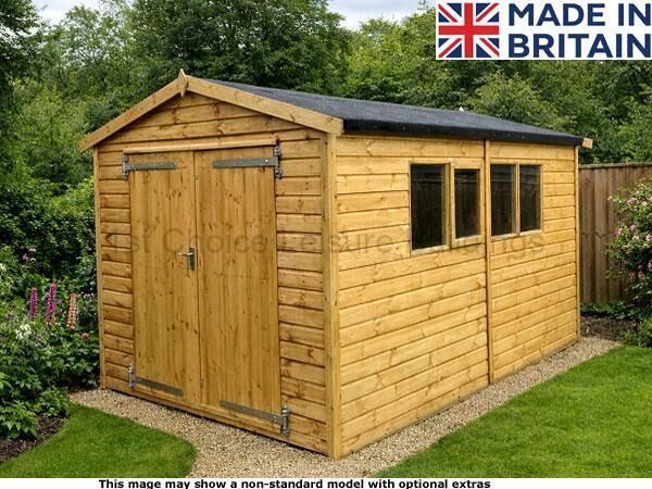 Diamond Barnham Apex 1 A wooden garden shed with double doors and three windows on the side. The shed is made of light-coloured wood and has a black roof.