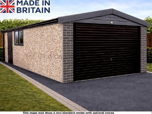 Lidget Anthracite Deluxe apex concrete garage, which includes free installation. Image shown may include non-standard options This image shows a UK-made garden garage with a black roller door. The garage features a combination of brick and wood finishes. A paved driveway leads to the garage, which is set against a well-manicured lawn.