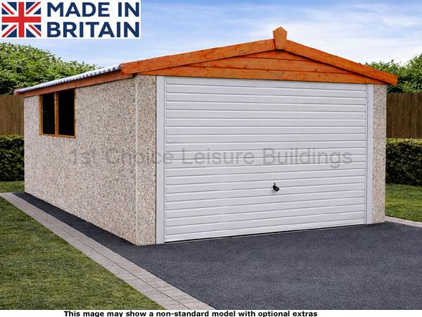 Lidget apex concrete garage which includes free assembly. Image shown may include non-standard options A UK made Lidget concrete garage with a white door and window, made from high-quality materials.