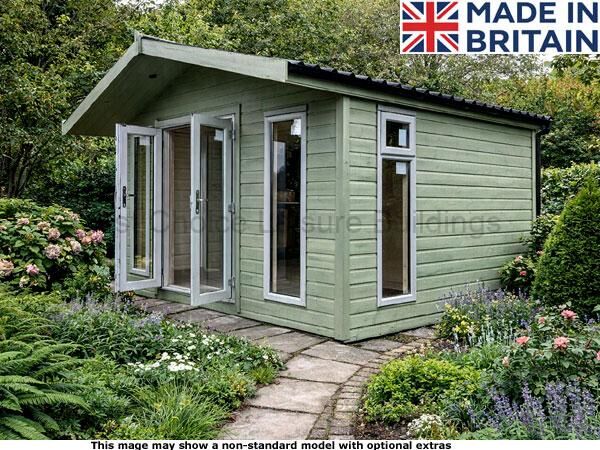 Platinum Apex Fleet 1 A green garden summerhouse with white trim and doors open to show the interior. The shed is surrounded by a beautiful garden.
