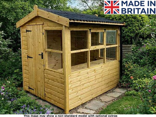 Diamond Pulborough Shed 1 A wooden garden potting shed with a screened porch area. The shed has a black roof and a door on the left side.