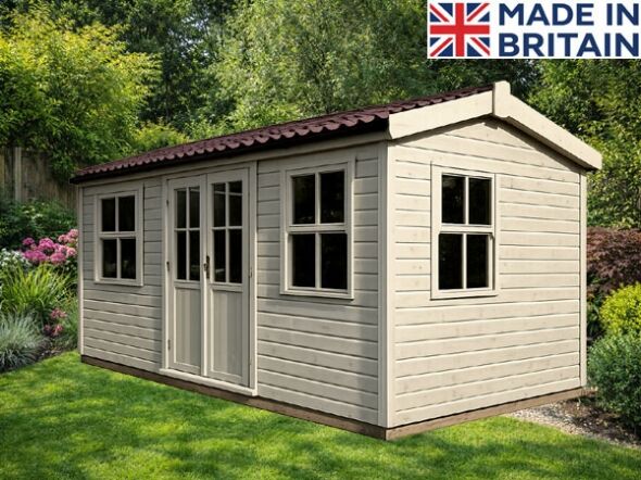 Modern garden office shed with double doors and windows, beige exterior and brown pitched roof. Image shown may include non-standard options. A wooden office shed with double doors and windows. The shed is painted beige and has a brown roof.