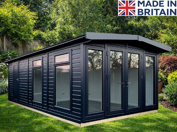 Black garden games room with double doors and large windows. Modern outdoor building.