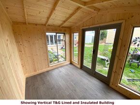 Shows image of summer houses insulated with vertical T&G boards