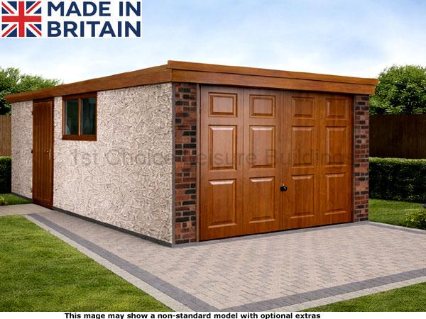 Lidget Deco deluxe pent concrete garage with free installation. Image shown may include non-standard options This image shows a UK made Deco wood effect garage with a brick effect exterior and brown doors. The garage features a window and a paved driveway. It is set against a green lawn.