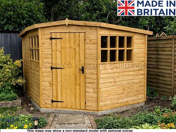 A wooden garden corner shed with double doors and windows. Made in Britain