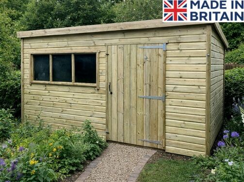 A prefab wooden garden shed with a window and double doors. The shed is made of light-coloured wood and has a simple design.