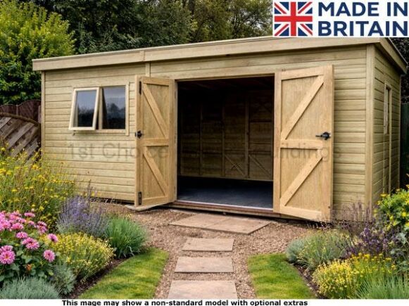 Fareham Pent 1 A garden workshop with wooden doors open. The shed has a small window on the left side.