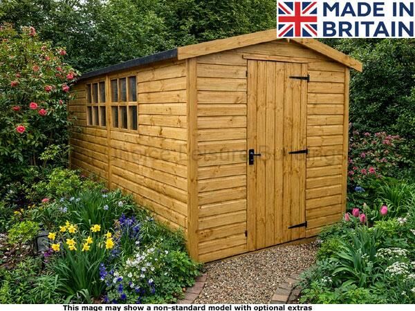 Diamond Chichester Apex 1 A wooden garden shed with double doors and windows, surrounded by a beautiful garden.