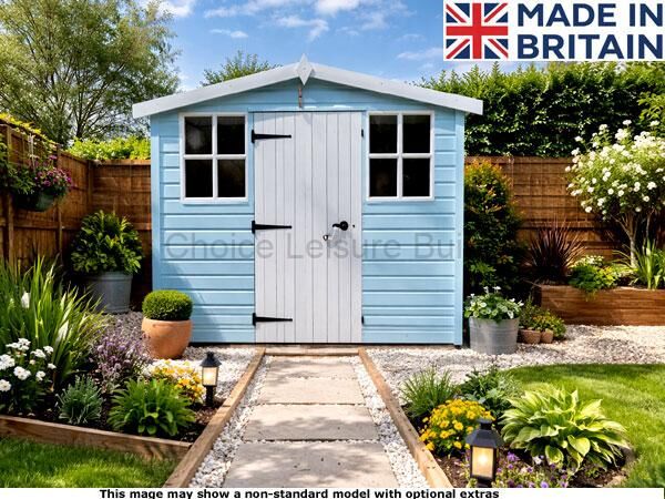 Woodgate Reverse Apex 1 A blue wooden garden shed with a white door and black hinges, set in a well-manicured garden.