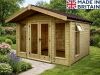 A wooden contemporary summerhouse with double doors and windows, offering ample storage space. The shed features a brown tiled roof and a natural wood finish.