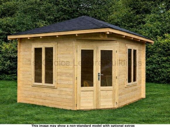 Ottershaw Corner Cabin 1 Wooden garden corner log cabin with double doors and windows. A perfect place to store gardening tools and potting plants.