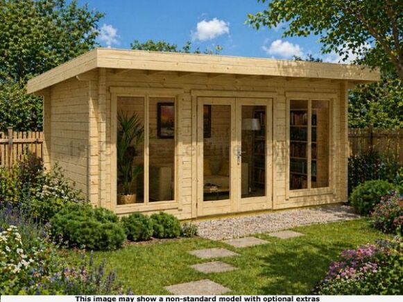 Dorking Pent Cabin 1 A beautiful wooden log cabin with large windows and glass doors, surrounded by a well-manicured garden.
