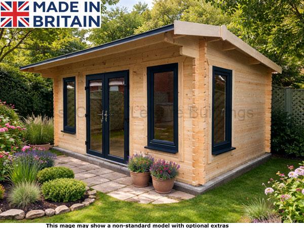 Humber Long Ridge Apex 1 A log cabin with black trim and doors. The shed is surrounded by a well-manicured garden.