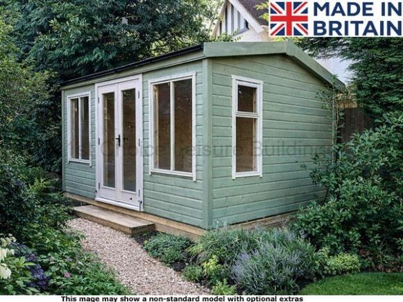 Platinum Kingclere Apex 1 A green wooden summerhouse with white trim and doors. A garden shed with large windows.
