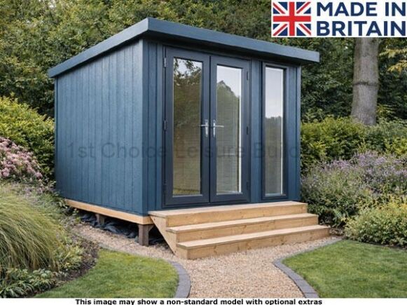 Royal Marlow Garden Room 1 A blue garden shed with wooden steps and glass doors. A garden surrounding the shed.