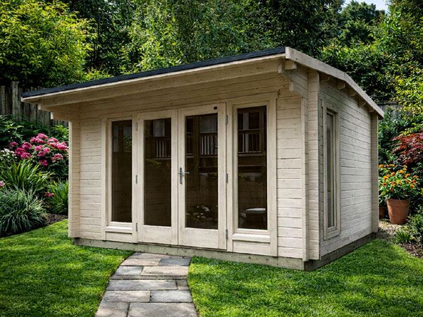 A wooden log cabin with double doors, windows, an insulated floor and a roof. Perfect for storing gardening tools and outdoor equipment.