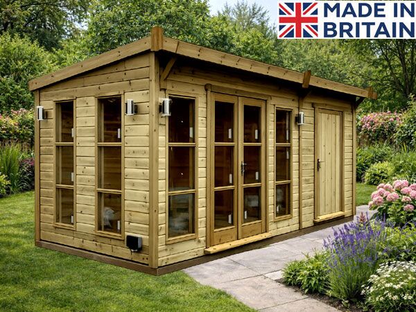 A wooden summerhouse with shed with double doors and windows. Perfect for outdoor storage and hobbies.