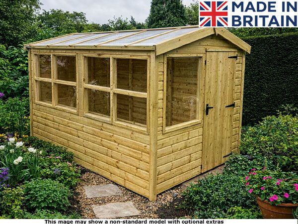 Diamond Petworth Shed 1 Wooden greenhouse shed with large windows and a door. Made in Britain.