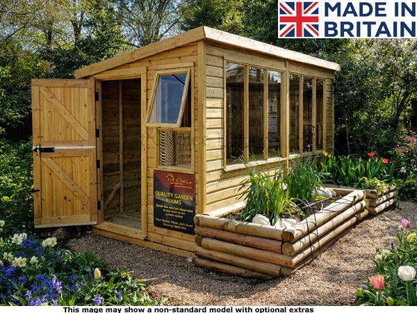 Medstead Potting Shed 1 A wooden potting shed with glass windows and a door. Quality garden buildings made in Britain.