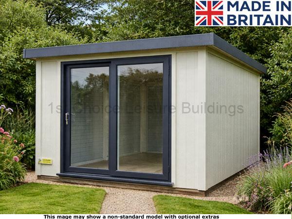 Royal Denham Garden Room 1 A garden shed with cream-coloured walls and double doors.