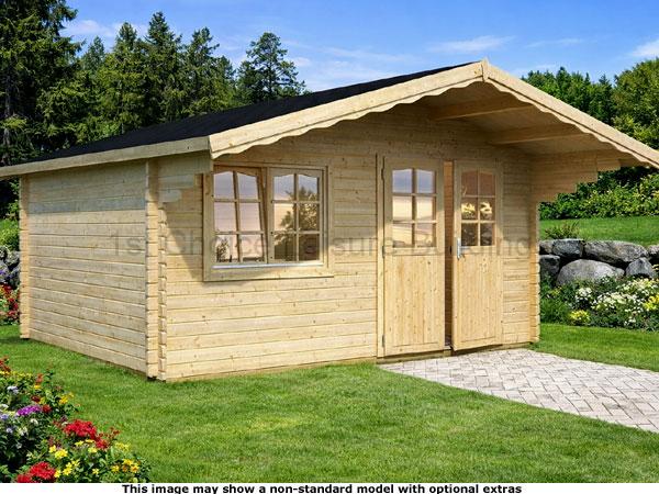Sandhurst Apex Cabin 1 A wooden garden log cabin with a black roof and double doors. The shed has two windows on the side.