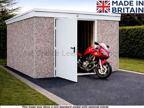 Lidget apex and pent concrete sheds with free installation. Image shown includes non-standard options A high-quality concrete shed made in Britain with a motorbike stored inside. The garage features a durable design and ample space for storage. Perfect for storing motorbikes and other outdoor equipment.