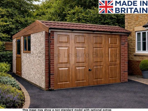 Lidget Deco Deluxe Mansard pent concrete garage which includes free assembly. Image shown may include non-standard options A Deco Deluxe Mansard concrete garage with white doors and a red roof. The garage has a small window.