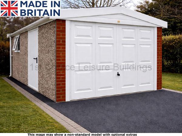 Lidget Deluxe apex concrete garage which includes free assembly. Image shown may include non-standard options A Lidget Deluxe apex concrete garage with brick and pebbledash exterior, white doors.